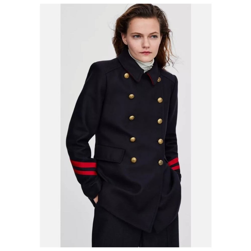 Zara Woman Manteco Wool Military Jacket SZ Medium (fits small) Navy Red Gold